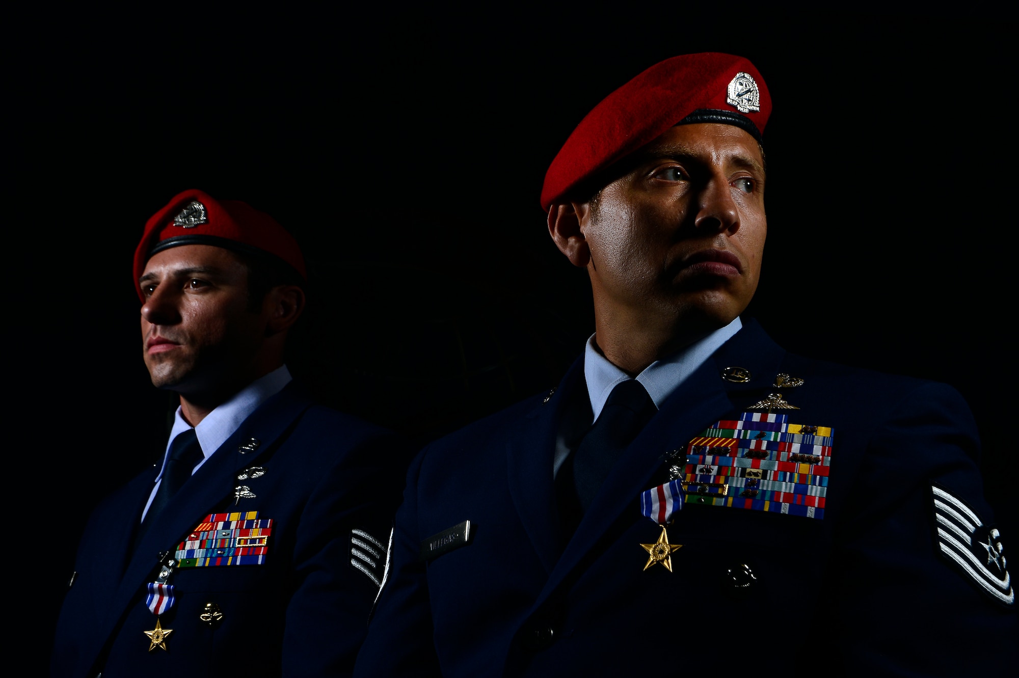 Tech. Sgt. Ismael Villegas, 24th Special Operations Wing combat control recruit liaison and Staff Sgt. Dale Young, 342nd Training Squadron combat control instructor, were awarded the Silver Star for their actions against enemy forces in Afghanistan. (U.S. Air Force photo by Staff Sgt. Vernon Young Jr.)
