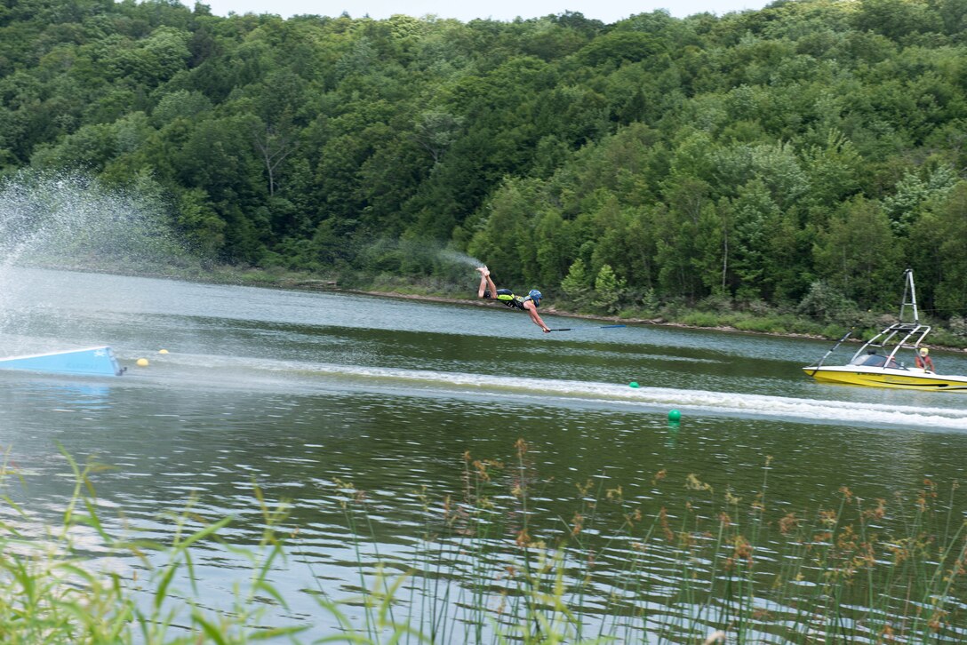 Johnathan Martines completes an inverted jump while barefoot waterskiing. On July 19-20, 2013, the American Barefoot Waterski Club held its Eastern Regional Championship at Prompton Dam for the second straight year. Prompton is owned and maintained by the U.S. Army Corps of Engineers Philadelphia District.  