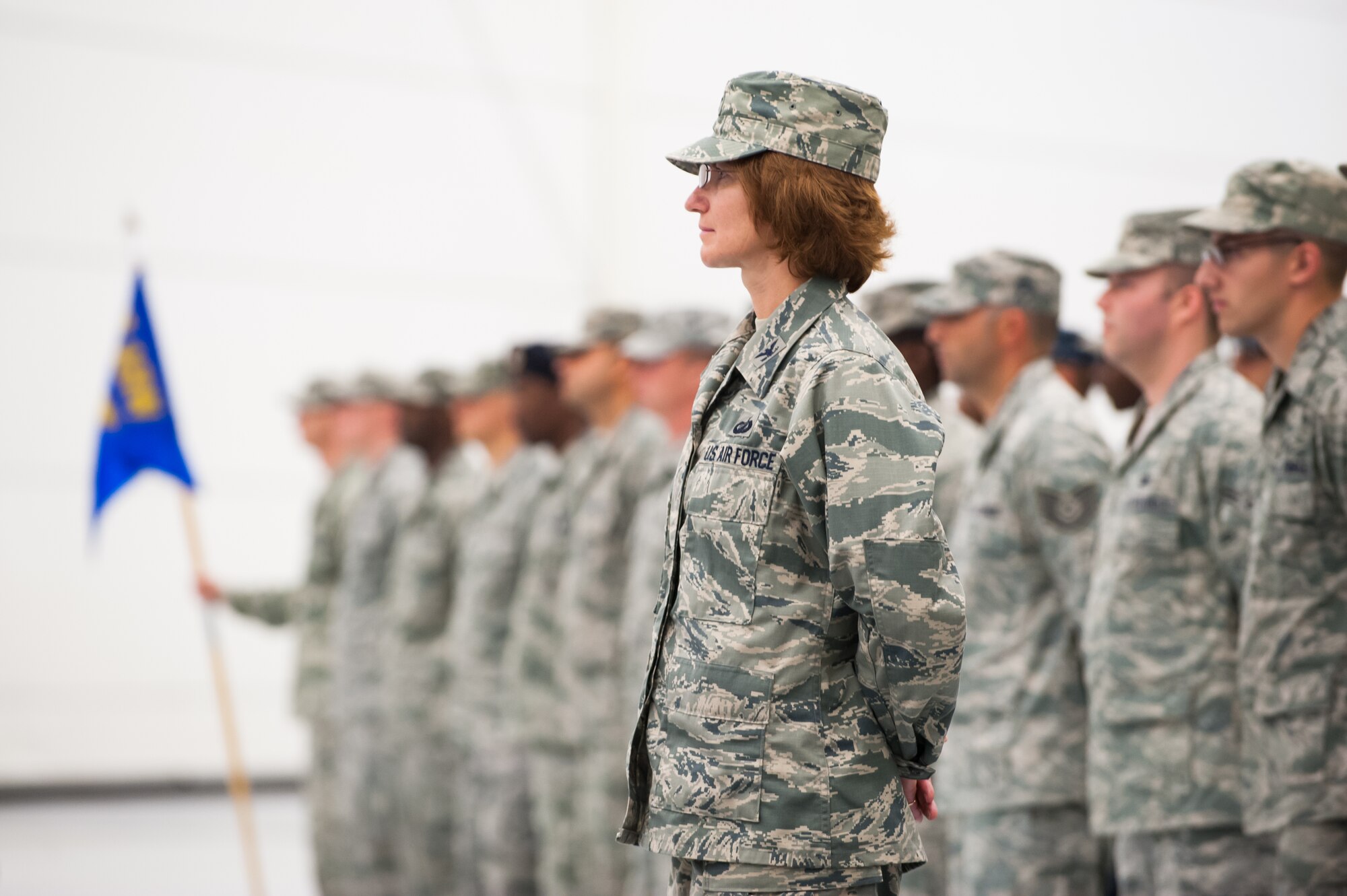 Col. Elizabeth Eidal, 87th Mission Support Group commander and members stand in formation during the 87th Air Base Wing Change of Command Ceremony July 25, 2013, in hangar 3307 on Joint Base McGuire-Dix-Lakehurst, N.J. During the event Col. John M. Wood relinquished command to Col. James C. Hodges. (U.S. Air Force photo by Russ Meseroll/Released)