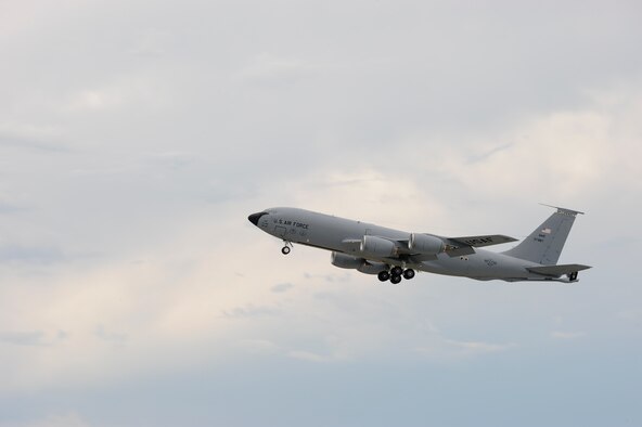 A KC-135 Stratotanker takes off July 22, 2013, at McConnell Air Force Base, Kan. This Stratotanker is one of two prototypes that have updated instrument panels and a new auto-pilot, as well as other modifications. (U.S. Air Force photo/Airman 1st Class Jose L. Leon)