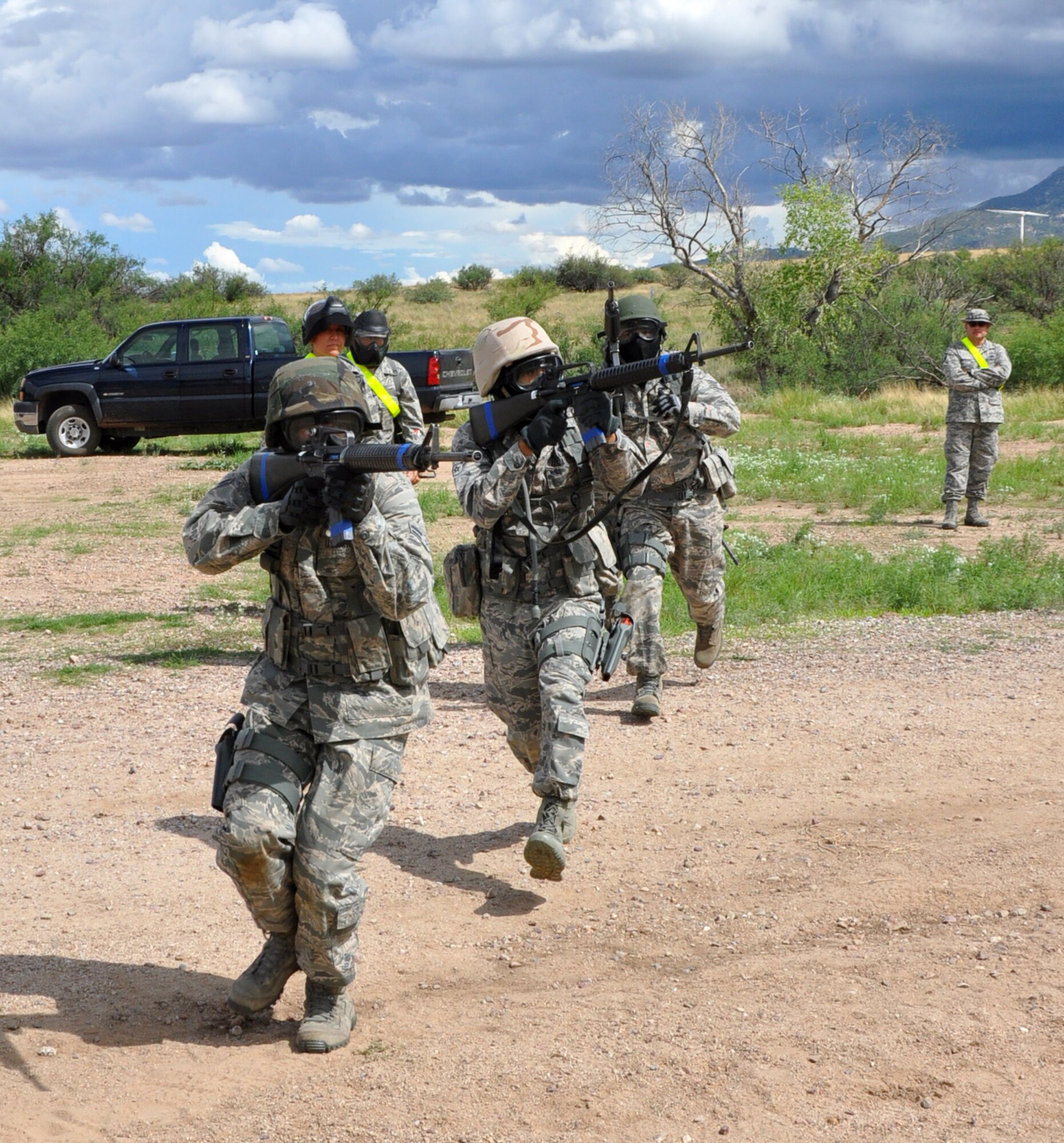 Airmen from the 920th Mission Support Group Detachment One, Security Forces from Davis Monthan Air Force Base begin the practice urban police and warfare training tactics hands-on course at Fort Huachuca. The hands-on training was the first ever unit training evolution for the newest Reserve security forces squadron at Davis Monthan AFB. (U.S. Air Force Photo/Master Sgt. Luke Johnson)