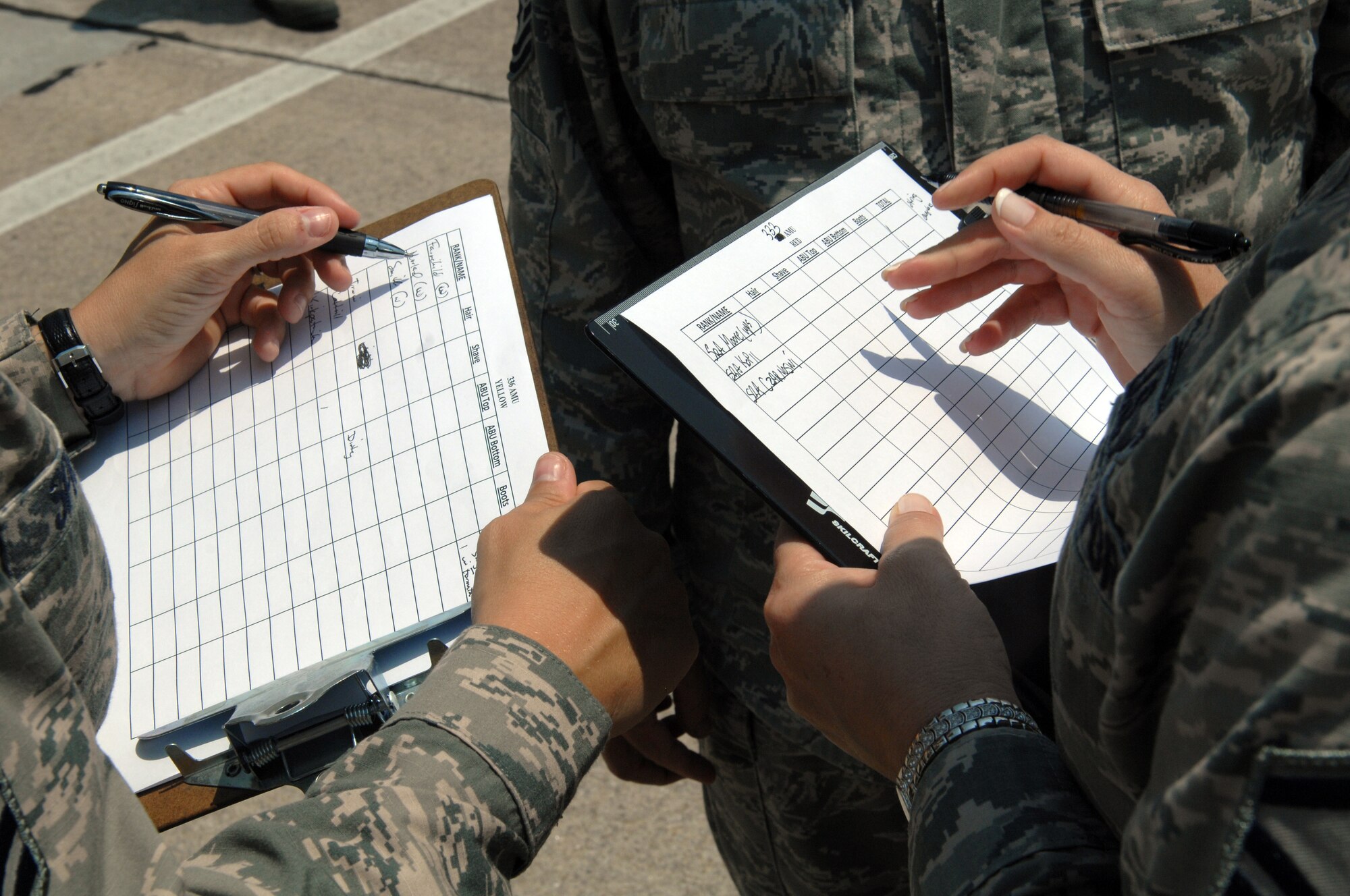 U.S. Air Force NCOs record uniform discrepancies of maintainers during an open ranks inspection before a load crew of the quarter competition at Seymour Johnson Air Force Base, N.C., July 19, 2013.  Competitors were graded on their conformity to regulations for categories such as hair, shaving and uniform cleanliness.  (U.S. Air Force photo by Airman 1st Class Brittain Crolley/Released)