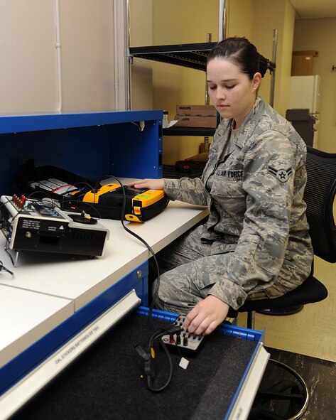 Airman 1st Class Abigail Nathlich, 319th Medical Support Squadron biomedical equipment technician, tests the cable resistance for a defibrillator unit at the medical maintenance shop, July 25, 2013, on Grand Forks Air Force Base, N.D. Nathlich was named the Warrior of the Week for the third week of July 2013.(U.S. Air Force photo/Airman 1st Class Zachiah Roberson)