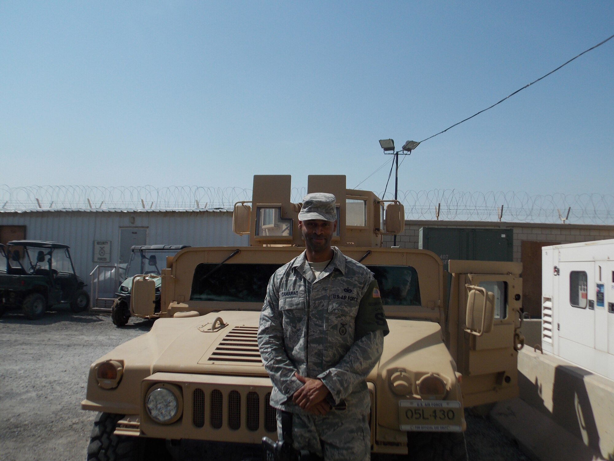 Tech. Sgt. Antonio Camarao, 387th Expeditionary Security Forces Squadron, days flight chief, is deployed from Edwards Air Force Base, Calif.  Camarao is on his 11th deployment and is enjoying doing more hands-on work than he gets to do at his home station.  He has been selected by his leadership as this week's Rock Solid Warrior.  (Courtesy photo)