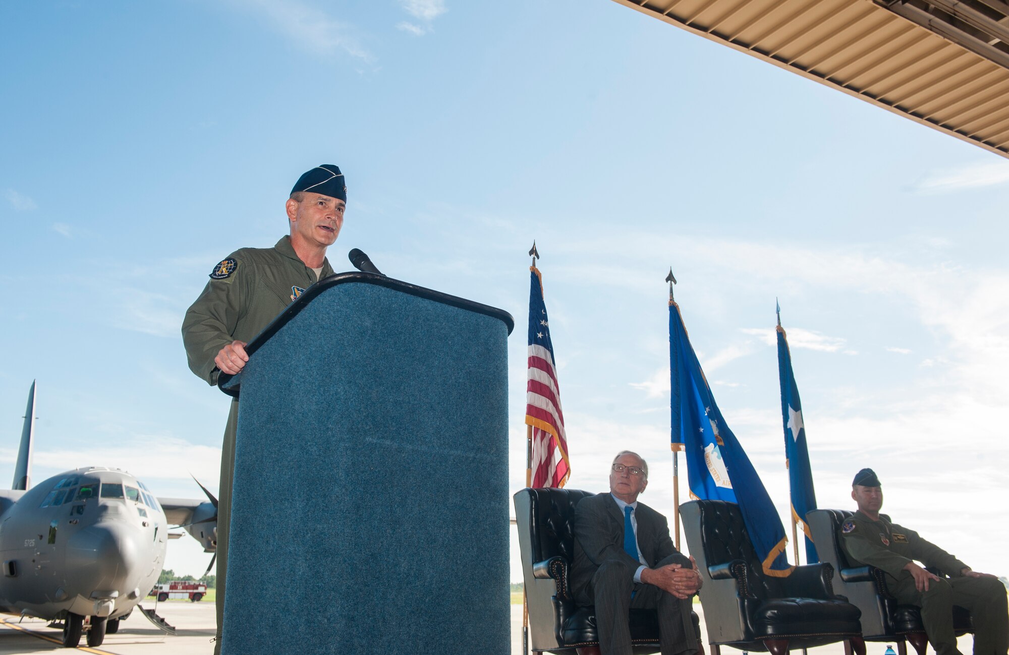 U.S. Air Force Maj. Gen. Jake Polumbo, 9th Air Force commander, gives a speech during an HC-130J Combat King II arrival ceremony July 19, 2013, at Moody Air Force Base, Ga. The HC-130J model costs $77 million each, with many improvements to help navigation, safety and efficiency. (U.S. Air Force photo by Senior Airman Jarrod Grammel/Released)
