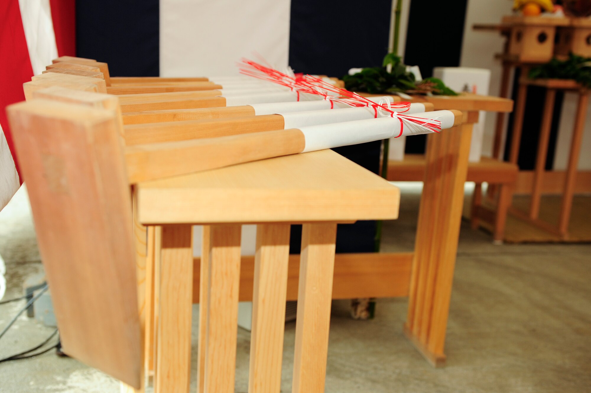 Japanese tools are readied for the ground breaking ceremony for the 730th Air Mobility Squadron’s new Mechanized Materials Handling System building at Yokota Air Base, Japan, July 24, 2013. With the new upgrade, the squadron can store more pallets, greatly increasing the capabilities of the 730 AMS (U.S. Air Force photo by Senior Airman Michael Washburn) 