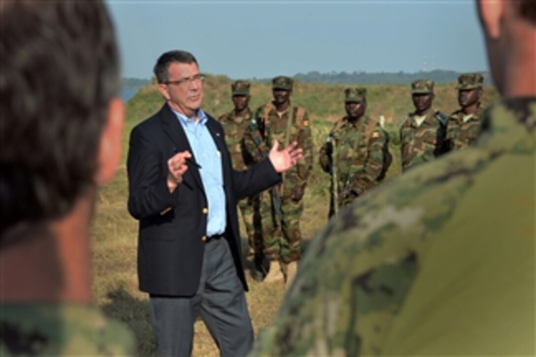 Deputy Secretary of Defense Ashton B. Carter speaks with Ugandan and U.S troops at Kisenyi Peacekeeping Base, Uganda, on July 23, 2013. Carter is visiting Uganda to meet with senior government and military leaders to affirm the growing security partnership between the United States and the East African nation.  