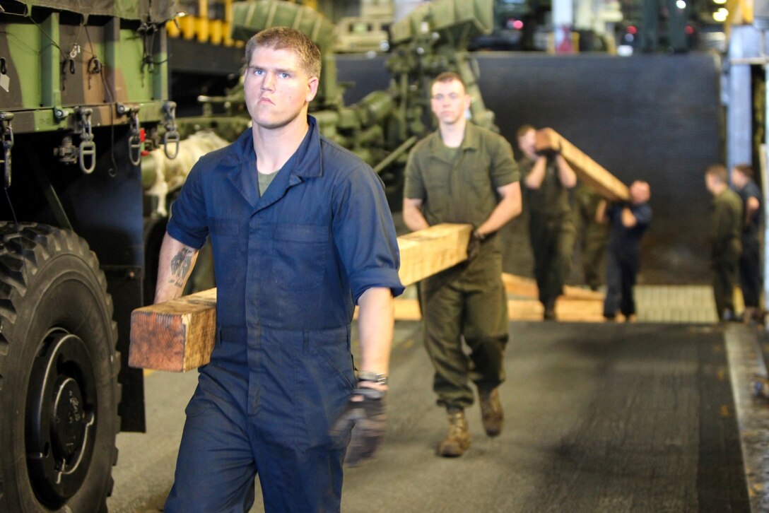 Marines attached to the combat cargo section for the 31st Marine Expeditionary Unit, carry wooden planks to set in front of a Medium Tactical Vehicle Replacement, commonly referred to as a 7-ton, preparing to board a Landing Craft Air Cushioned into Townshend Island, Queensland, Australia here, July 26. Marines and Sailors of the 31st MEU and Amphibious Squadron 11 are part of an integrated force of approximately 18,000 U.S. service members training alongside approximately 9,000 Australian service members in the fifth iteration of Talisman Saber 2013, a month-long biennial exercise designed to enhance multilateral collaboration in support of future combined operations, natural disaster, humanitarian and emergency response. The 31st MEU is the Marine Corps’ force in readiness for the Asia Pacific region and the only continuously forward-deployed MEU. 