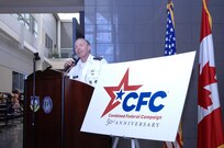 Army Gen. Charles H. Jacoby, Jr., North American Aerospace Defense Command and U.S. Northern Command commander, speaks at the Combined Federal Campaign kick-off event at NORAD and USNORTHCOM headquarters Oct. 3. The CFC is celebrating its 50th anniversary, and since its creation the fund-raising organization has raised more than $7 billion in charitable donations.

