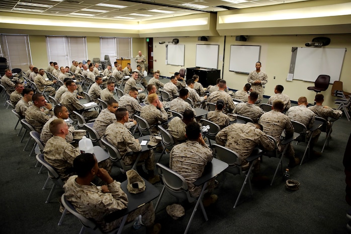 Marines gain experience leading their peers by giving presentations in a classroom environment during the Lance Corporal Seminar held at the Marine Corps Air Station here July 25. The Lance Corporal Seminar is a three-day course that the air station started this year to provide junior Marines with the knowledge and skills to progress in their military careers.