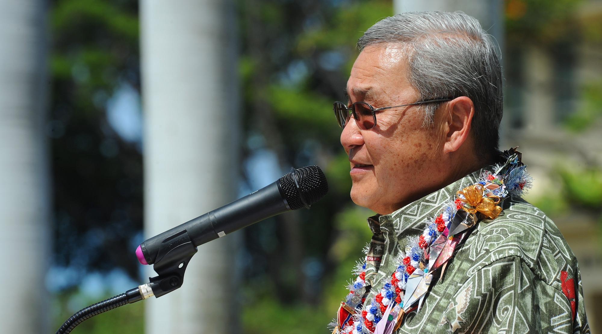 Former U.S. Army Capt. Myron “Skip” Kawakami, Bronze Star recipient, addresses the crowd during his Bronze Star medal ceremony at the 15th Wing headquarters building on Joint Base Pearl Harbor-Hickam, Hawaii, July 26, 2013. Kawakami was recognized for his exemplary patient care in the field of dentistry; while deployed to Vietnam from 1969-1970. (U.S. Air Force photo/Tech. Sgt. Jerome S. Tayborn)
