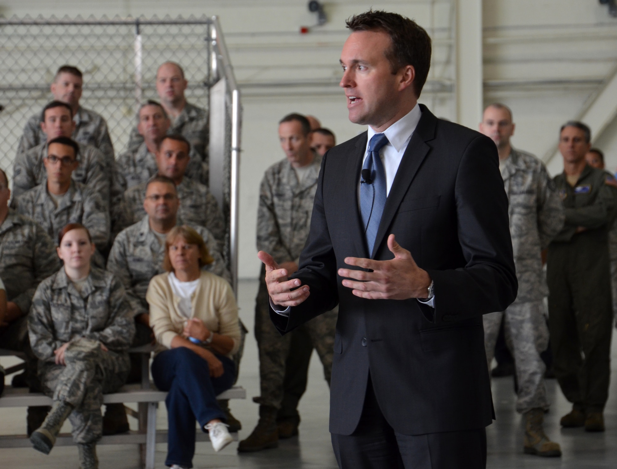 Acting Secretary of the Air Force, Eric Fanning, visits Westover Air Reserve Base, Mass., July 25. During his tour of the nation's largest Air Force Reserve base, Fanning saw its joint-service mission, "flew" a C-5 simulator, toured the base's control tower, and spoke to more than 450 troops about Air Force issues. (U.S. Air Force photo/SrA. Kelly Galloway)