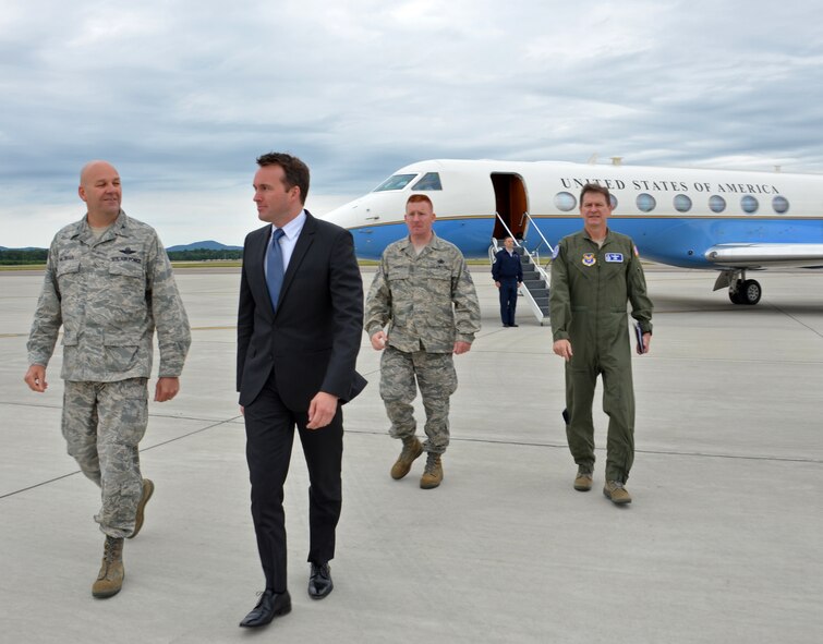 Acting Secretary of the Air Force, Eric Fanning, visits Westover Air Reserve Base, Mass., July 25. During his tour of the nation's largest Air Force Reserve base, Fanning saw its joint-service mission, "flew" a C-5 simulator, toured the base's control tower, and spoke to more than 450 troops about Air Force issues. (U.S. Air Force photo/SrA. Kelly Galloway)