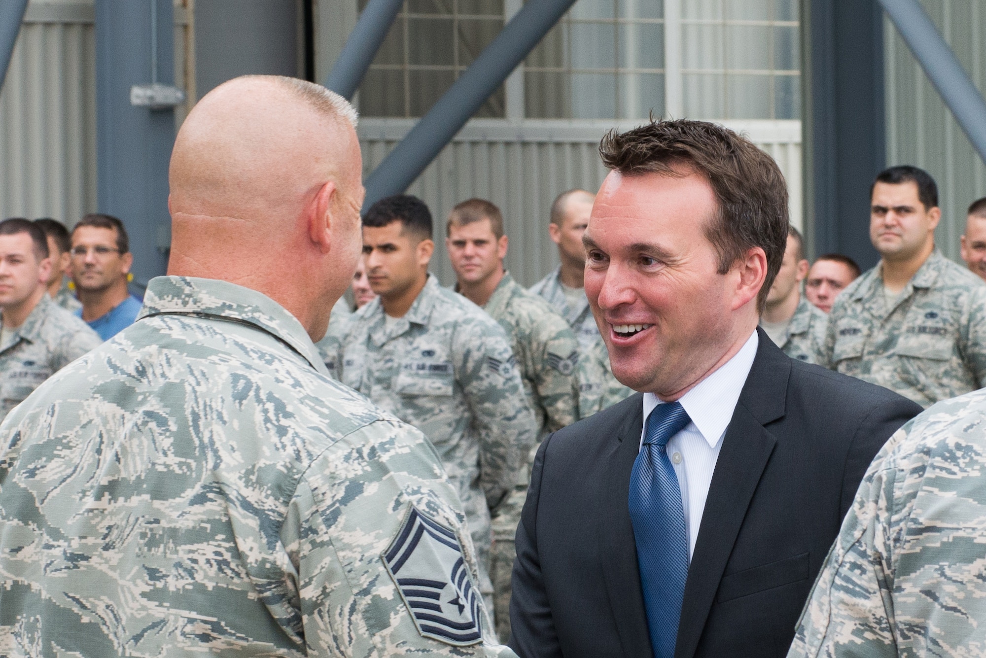 Acting Secretary of the Air Force, Eric Fanning, visits Westover Air Reserve Base, Mass., July 25. During his tour of the nation's largest Air Force Reserve base, Fanning saw its joint-service mission, "flew" a C-5 simulator, toured the base's control tower, and spoke to more than 450 troops about Air Force issues. (U.S. Air Force photo/MSgt. Todd Panico)