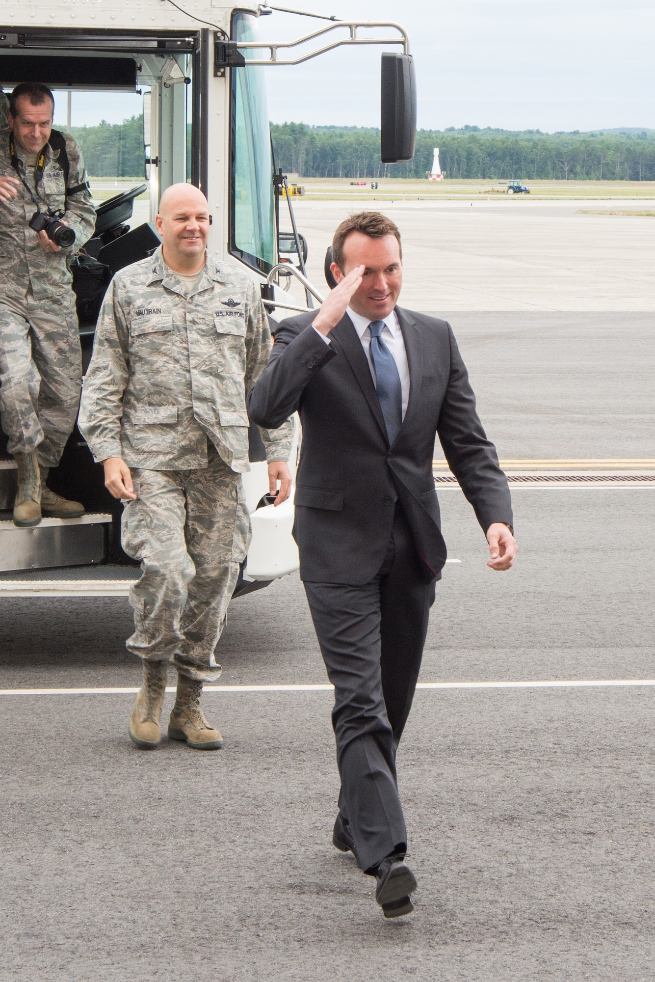 Acting Secretary of the Air Force, Eric Fanning, visits Westover Air Reserve Base, Mass., July 25. During his tour of the nation's largest Air Force Reserve base, Fanning saw its joint-service mission, "flew" a C-5 simulator, toured the base's control tower, and spoke to more than 450 troops about Air Force issues. (U.S. Air Force photo/MSgt. Todd Panico)