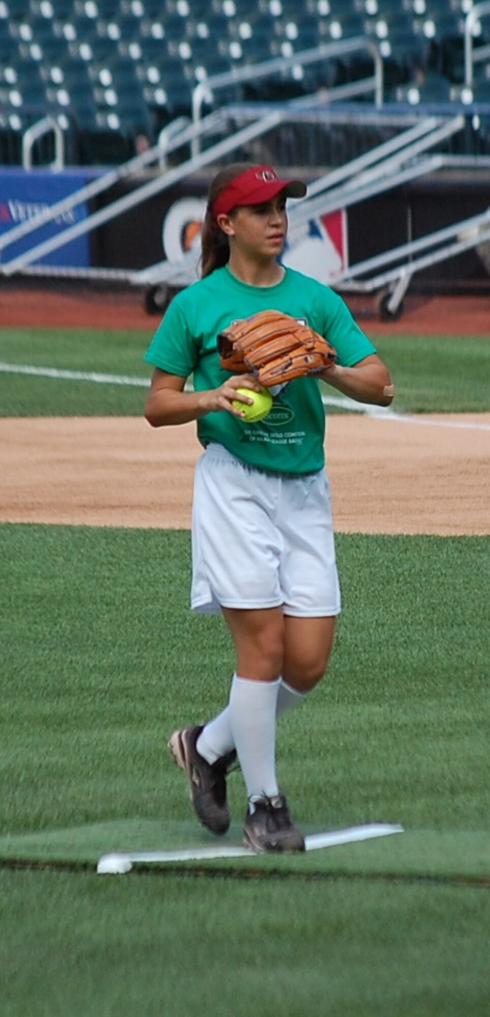 Grace Lyons, 13, daughter of Lt. Col. John Lyons, 69th Fighter Squadron,  participates in the national finals for Major League Baseball’s Pitch, Hit and Run competition July 15 in New York City. (Courtesy photo)