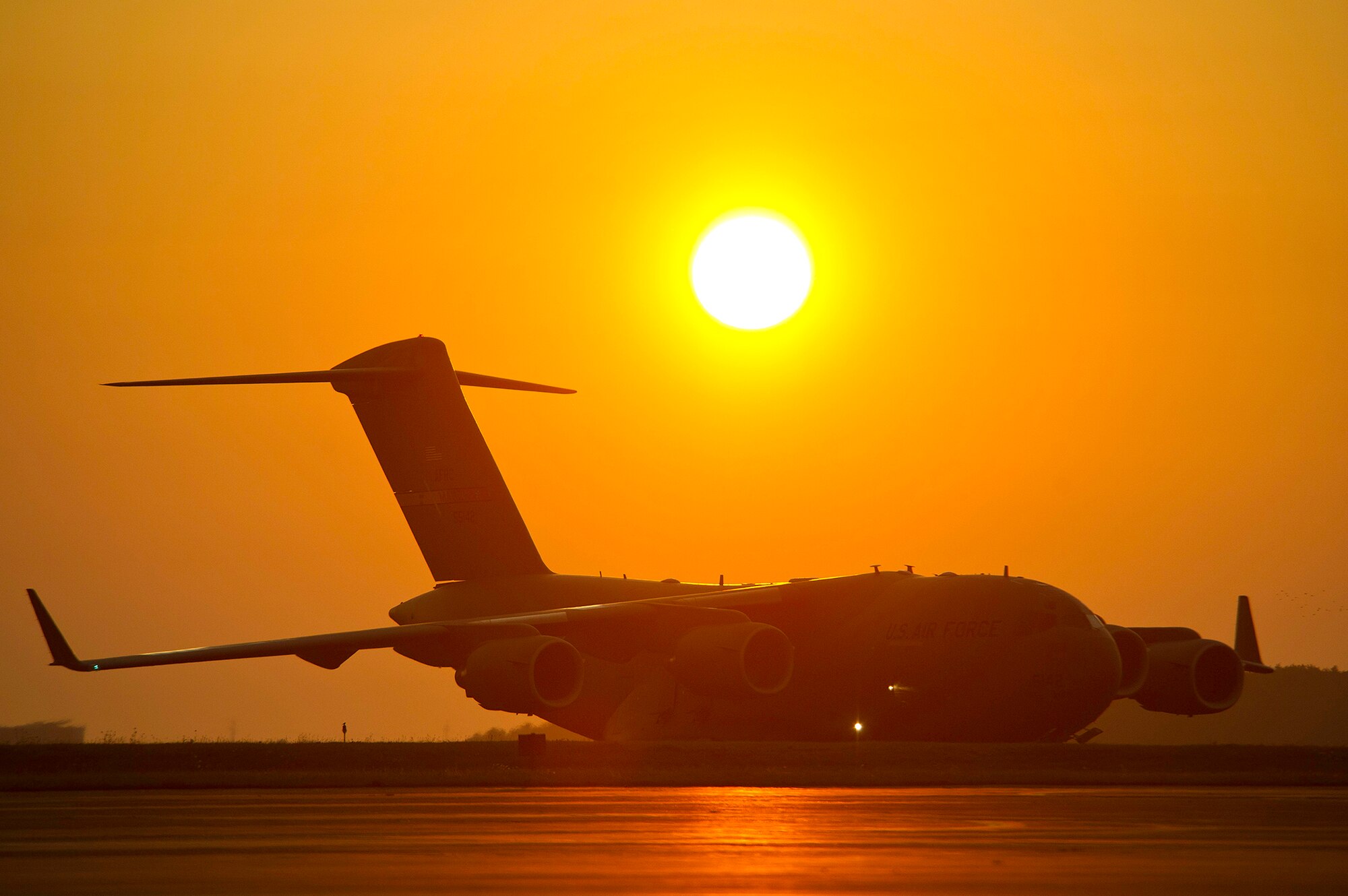 A C-17 Globemaster III taxis after landing at Pittsburg International Airport Air Reserve Station, Coraopolis, Pa., July 19, 2013.  The C-17 is carrying Airmen participating in Global Medic, an annual joint-reserve field training exercise designed to replicate all facets of combat theater aeromedical evacuation support. The C-17 Globemaster III is from the 452nd Air Mobility Wing at March Air Reserve Base, Calif. (U.S. Air Force photo/Tech. Sgt. Efren Lopez)