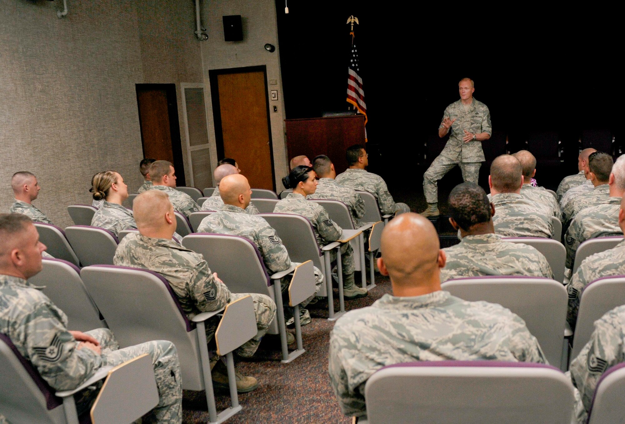 Chief Master Sgt. of the Air Force James Cody addresses a group of master sergeant selects before the annual Senior Noncommissioned Officer Induction Ceremony July 19, 2013, at the Air Advisor Academy on Joint Base McGuire-Dix-Lakehurst, N.J. The chief spent the day speaking to joint base personnel at an all-call, the master sergeant selects and junior enlisted at the First-Term Airman Center. (U.S. Air Force photo by Airman Tara A. Williamson/Released)