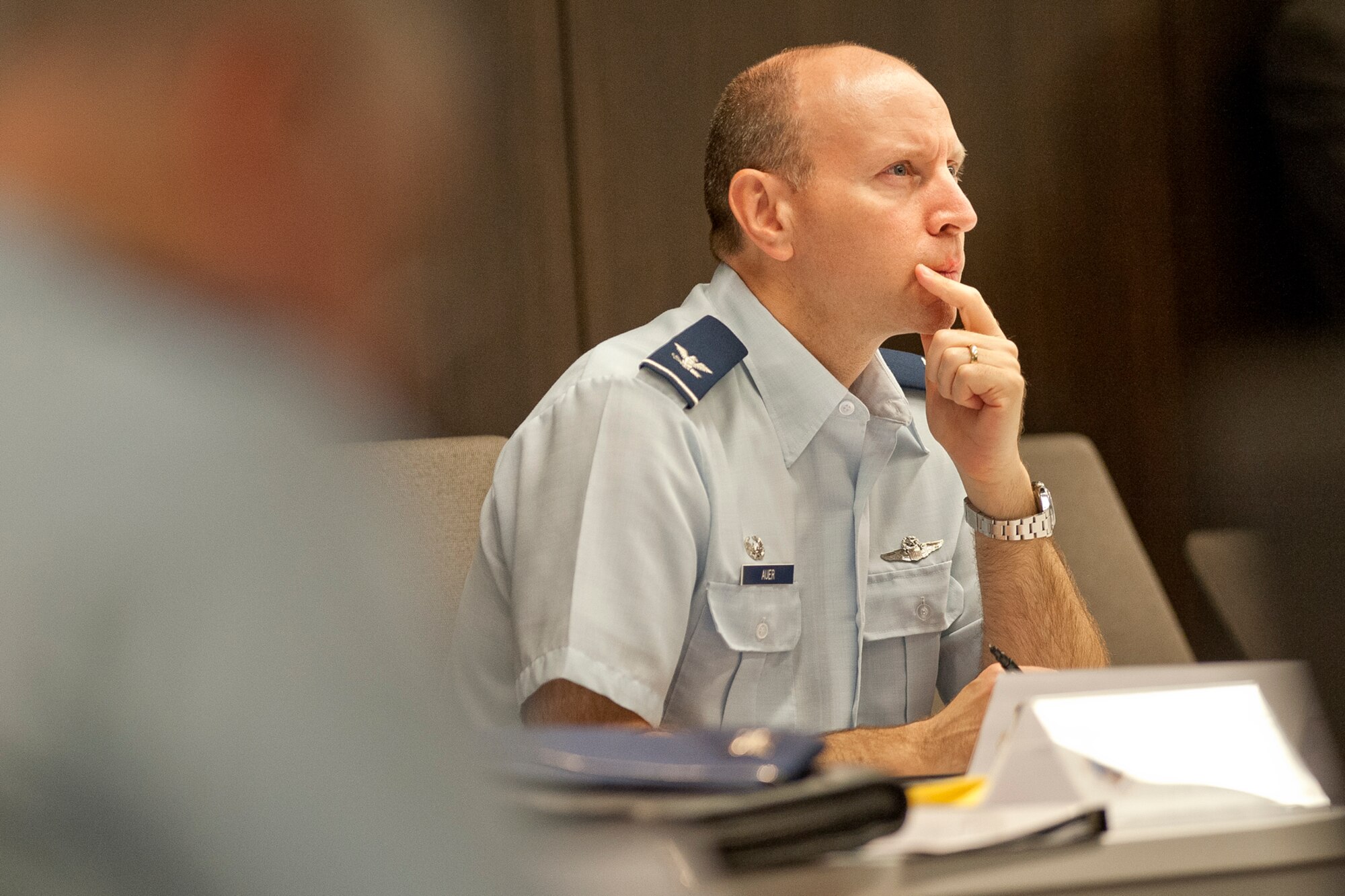 Col. Mark Auer, chair of the Air Directorate Field Advisory Council and commander of the 179th Operations Group, Ohio Air National Guard, listens as Brig. Gen. James C. Witham, deputy director of the Air National Guard, address members of the Air Directorate Field Advisory Council at Joint Base Andrews, Md., 23 July 2013. The ADFAC brings more than 20 Weapons SystemCouncils together to openly discuss policy, current issues and priorities. The information gleaned from the meeting will be desseminated throughout the ANG and used to improve readiness and relevancy. (U.S. Air National Guard photo by Master Sgt. Marvin R. Preston/RELEASED)