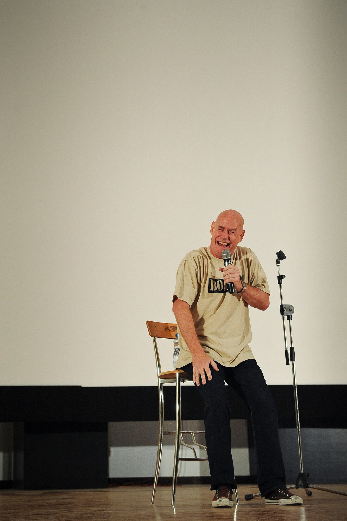 The Comedian “Spanky” laughs with his audience, not at them, during his performance for the Airmen of the 386th Air Expeditionary Wing Saturday, July 20, 2013.  
“I will give you just a moment to get used to looking at me. I’m still getting used to it myself,” he said. (U.S. Air Force Photo by 1st Lt. Nathan Wallin)
