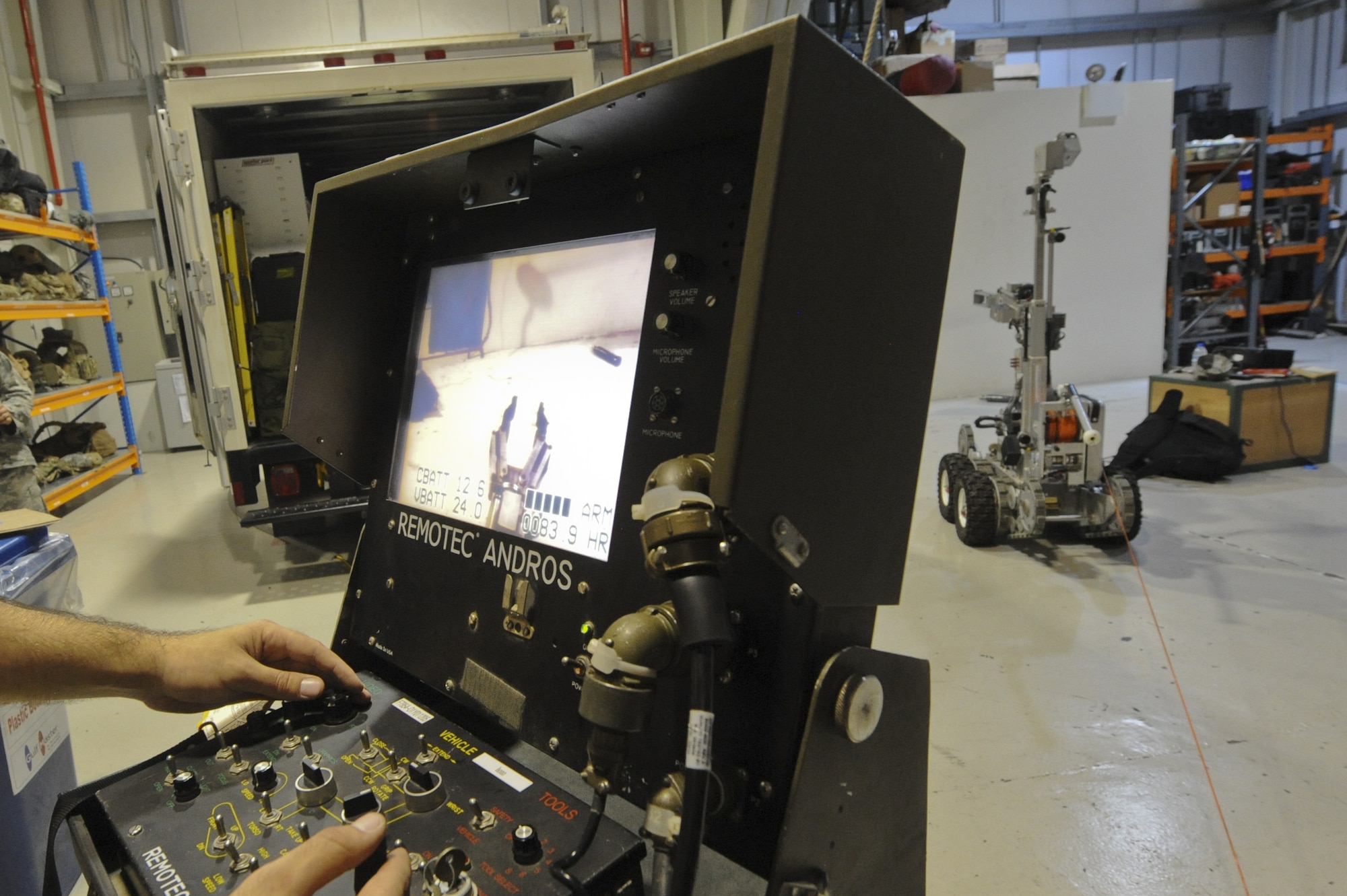 U.S. Air Force Staff Sgt. Andrew Roberts, 380th Expeditionary Civil Engineer Squadron explosive ordnance disposal technician, operates a F6 robot for familiarization training at an undisclosed location in Southwest Asia July 25, 2013. The 380th Air Expeditionary Wing EOD team is responsible for disabling conventional munitions and IEDs. Roberts calls Blanchard, Idaho, home and is deployed from Fairchild Air Force Base, Wash. (U.S. Air Force photo by Senior Airman Jacob Morgan)