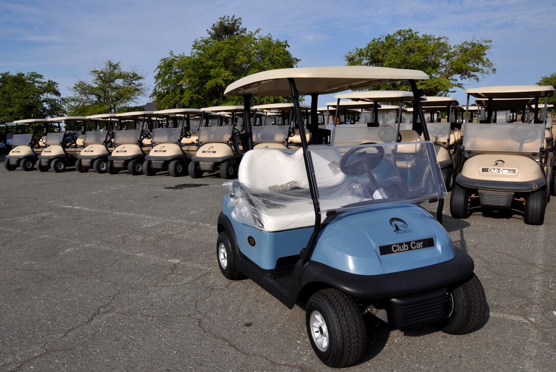 A new golf cart sits in front of the aged fleet before they are traded-in on July 23, 2013 at Beale Air Force Base, Calif. The trade-in reduced the overall cost of the new fleet. (U.S. Air Force photo by 2nd Lt. Siobhan Bennett)