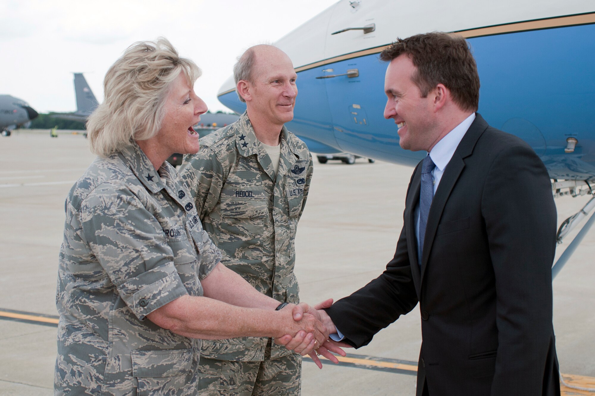 PEASE AIR NATIONAL GUARD BASE, N.H. -- Acting Secretary of the Air Force Eric Fanning is greeted by Brig. Gen. Carolyn Protzmann, N.H. Air National Guard commander, upon his arrival here July 24 for a visit with members of the 157th Air Refueling Wing. During his visit, Fanning met with Airmen from the 157th Maintenance Squadron and 157th Medical Group as well as holding an Airman's call July 25 with base personnel where he discussed sequestration and sexual assault before fielding questions from Airmen. (Air National Guard photo by Tech. Sgt. Aaron Vezeau/RELEASED)