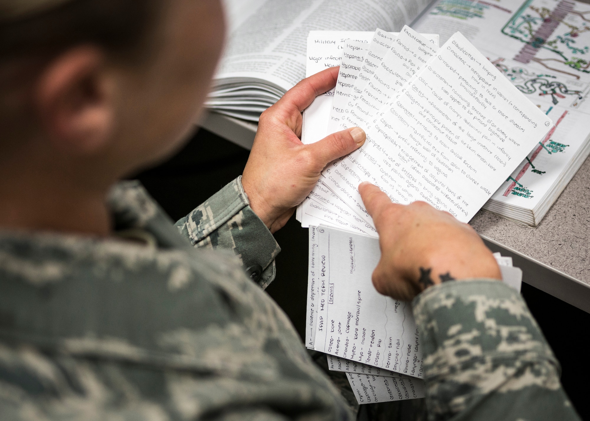 U.S. Air Force Senior Airman Megan Stanton, 366th Medical Operations Squadron medic, looks over index cards covered in medical terminology in the urgent care center at Mountain Home Air Force Base, Idaho, July 15, 2013. Stanton was accepted into the physician's assistant program, and spends a lot of spare time studying for the upcoming curriculum. She also uses a coloring book which uses a "paint-by-numbers" system which forces students to carefully study the diagrams as they color them in. (U.S. Air Force photo/Tech. Sgt. Samuel Morse)