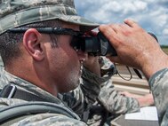 Senior Airman Omar Abuhudra, 419th Security Forces Squadron, watches for unusual activity around the simulated forward operating base. The Texas summer brought temperatures in the high 90s with 75 percent humidity at Fort Wolters. “You’re wet the second you put your clothes on,” said Staff Sgt. Nick Bricker, 419th Security Forces Squadron. “The humidity is killer.” (U.S. Air Force photo/Senior Airman Crystal Charriere)