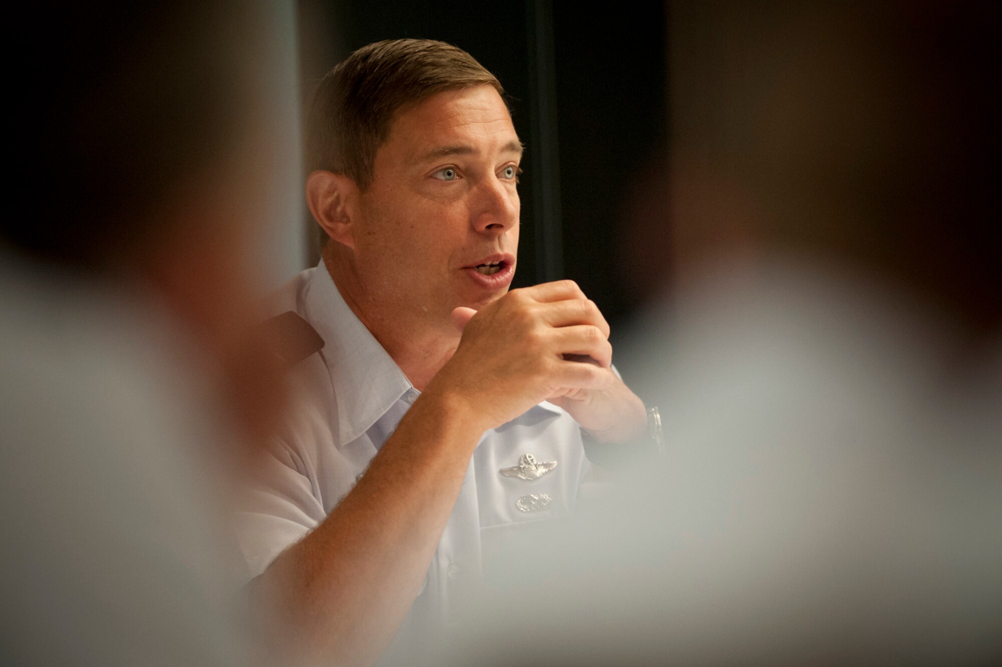 Col. Frank H. Stokes, commander of the 148th Fighter Wing, Minnesota Air National Guard, asks a question during the Air Directorate Field Advisory Council meeting at Joint Base Andrews, Md., 23 July 2013. The ADFAC brings more than 20 Weapons SystemCouncils together to openly discuss policy, current issues and priorities. The information gleaned from the meeting will be desseminated throughout the ANG and used to improve readiness and relevancy. (U.S. Air National Guard photo by Master Sgt. Marvin R. Preston/RELEASED)