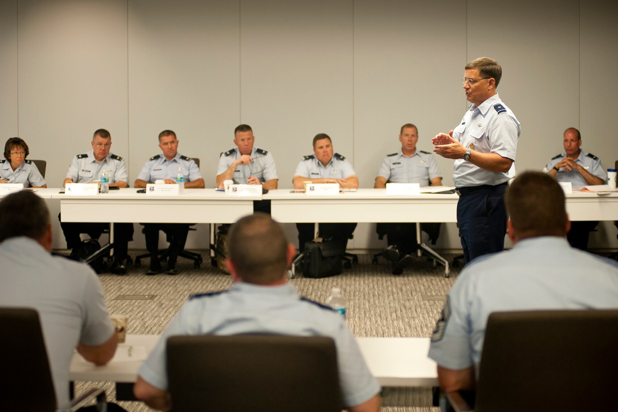 Brig. Gen. James C. Witham, deputy director of the Air National Guard, addresses members of the Air Directorate Field Advisory Council at Joint Base Andrews, Md., 23 July 2013. The ADFAC brings more than 20 Weapons SystemCouncils together to openly discuss policy, current issues and priorities. The information gleaned from the meeting will be desseminated throughout the ANG and used to improve readiness and relevancy. (U.S. Air National Guard photo by Master Sgt. Marvin R. Preston/RELEASED)
