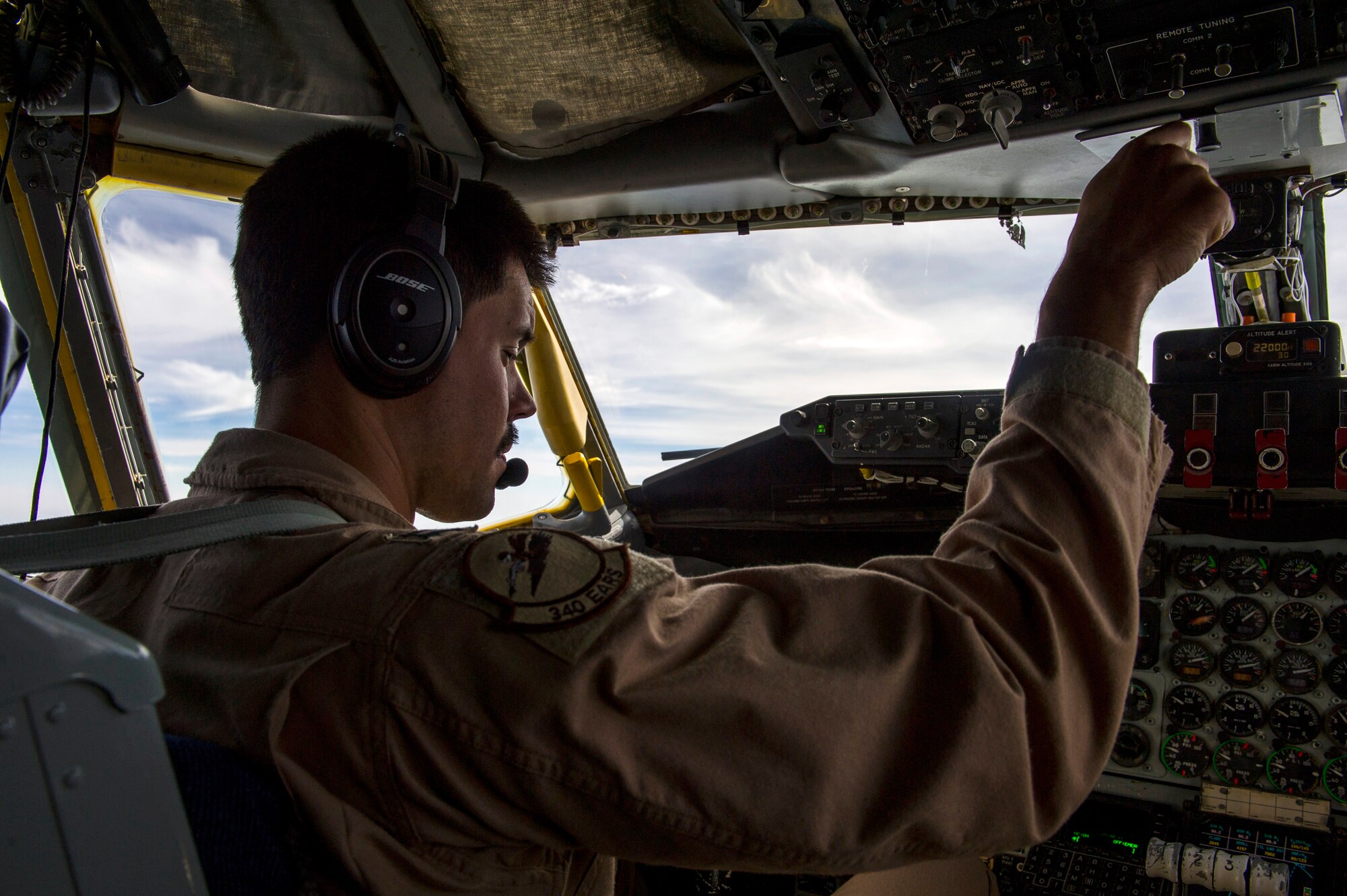 U.S. Air Force Capt. Neal Hunter, 340th Expeditionary Air Refueling Squadron KC-135 Stratotanker pilot, prepares to land after completing an in-air refueling mission, July 17, 2013, at an undisclosed location in Southwest Asia. The mission supported air operations in and around Afghanistan as part of Operation Enduring Freedom.  Hunter, a native of Minnetonka, Minn., is deployed from the Arizona Air National Guard, 161st Air Refueling Wing, Phoenix, Ariz. (U.S. Air Force photo/Staff Sgt. Marleah Miller)