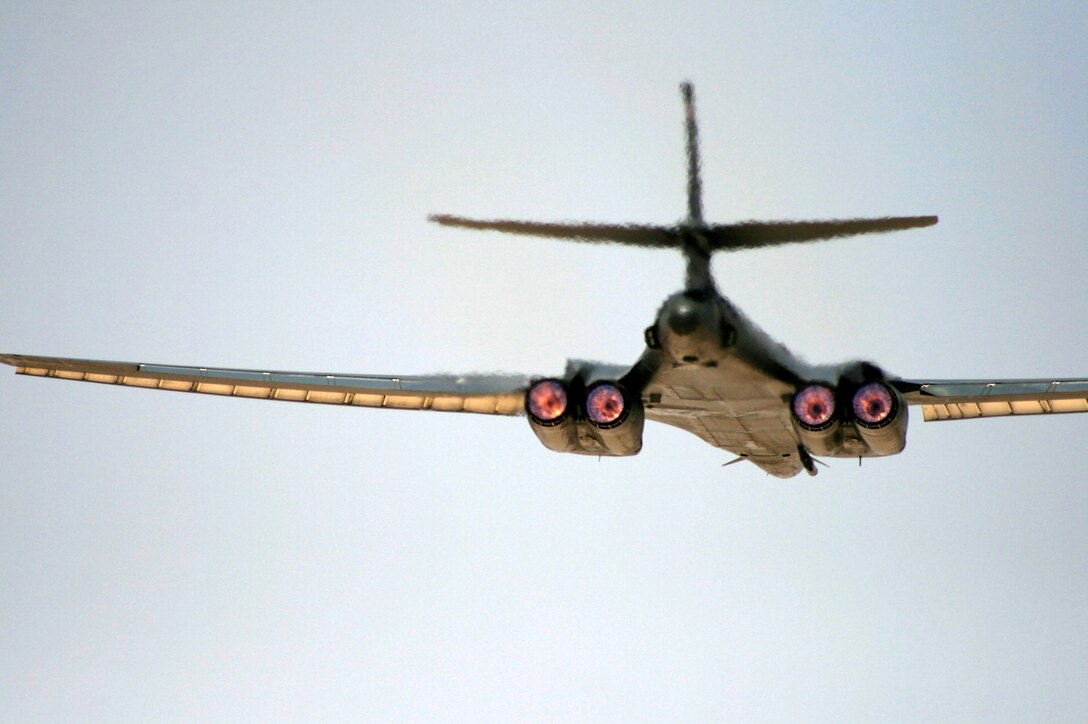A 34th Expeditionary Bomb Squadron B-1B Lancer takes off at the 379th Air Expeditionary Wing in Southwest Asia, April 1, 2013. The multi-mission B-1 is the backbone of America's long-range bomber force. It can rapidly deliver massive quantities of precision and non-precision weapons against any adversary, anywhere in the world, at any time. (U.S. Air Force photo/Master Sgt. Charles Bridges)