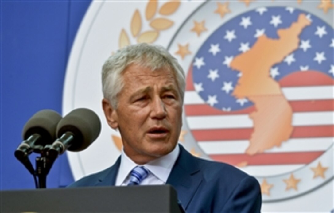 Defense Secretary Chuck Hagel delivers remarks during a ceremony to mark the 60th anniversary of the armistice ending the Korean War at the Korean War Memorial in Washington, D.C., July 27, 2013.