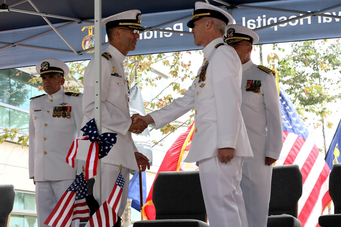 Capt. Mark Kobelja speaks after taking command of Naval Hospital Camp Pendleton during the change of command ceremony held at the new Hospital here July 26. Kobelja is the commanding officer of Naval Hospital Camp Pendleton and took command from Capt. Kenneth Jay Iverson.