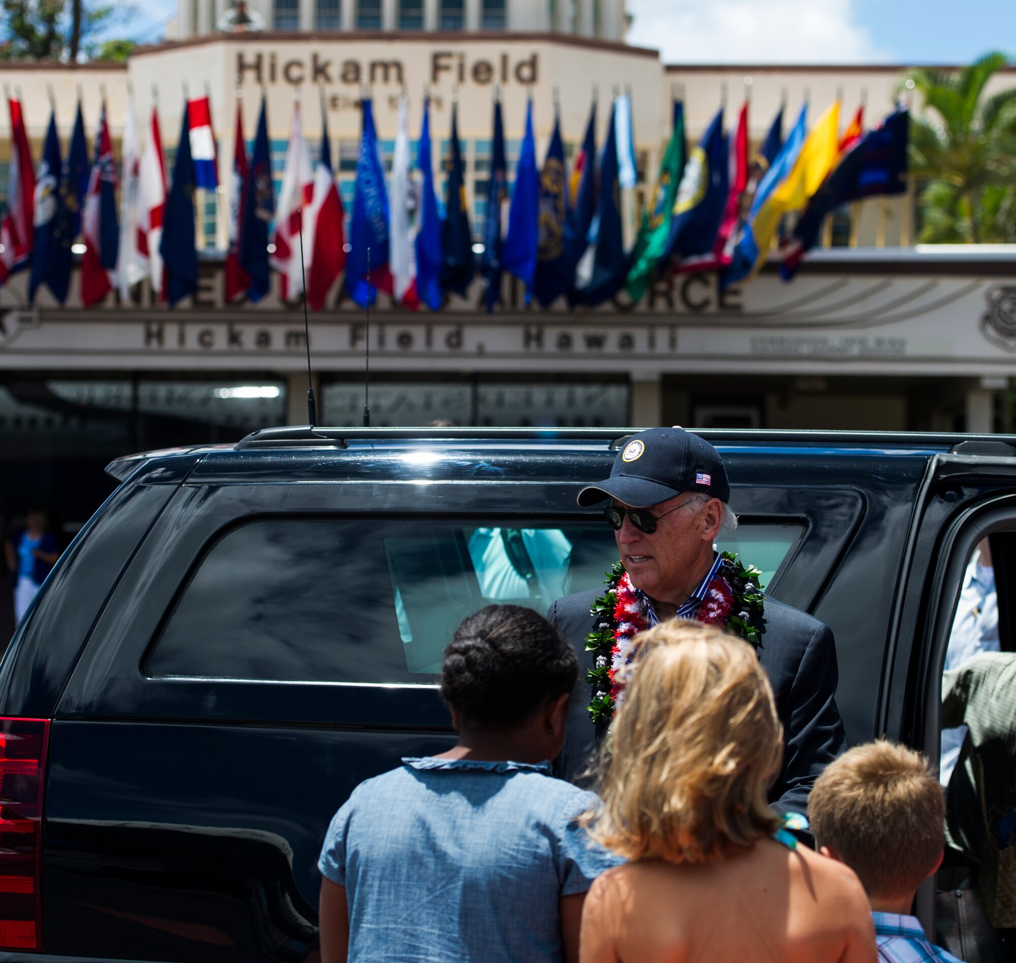 Vice President Joe Biden prepares to depart the 15th Wing flightline after arriving at Joint Base Pearl Harbor-Hickam, Hawaii, July 27, 2013. During his stay in Hawaii, the vice president emphasized America's strength in the Pacific stating that the Pacific basin "is where the future lies." (U.S. Air Force photo by Staff Sgt. Nathan Allen)