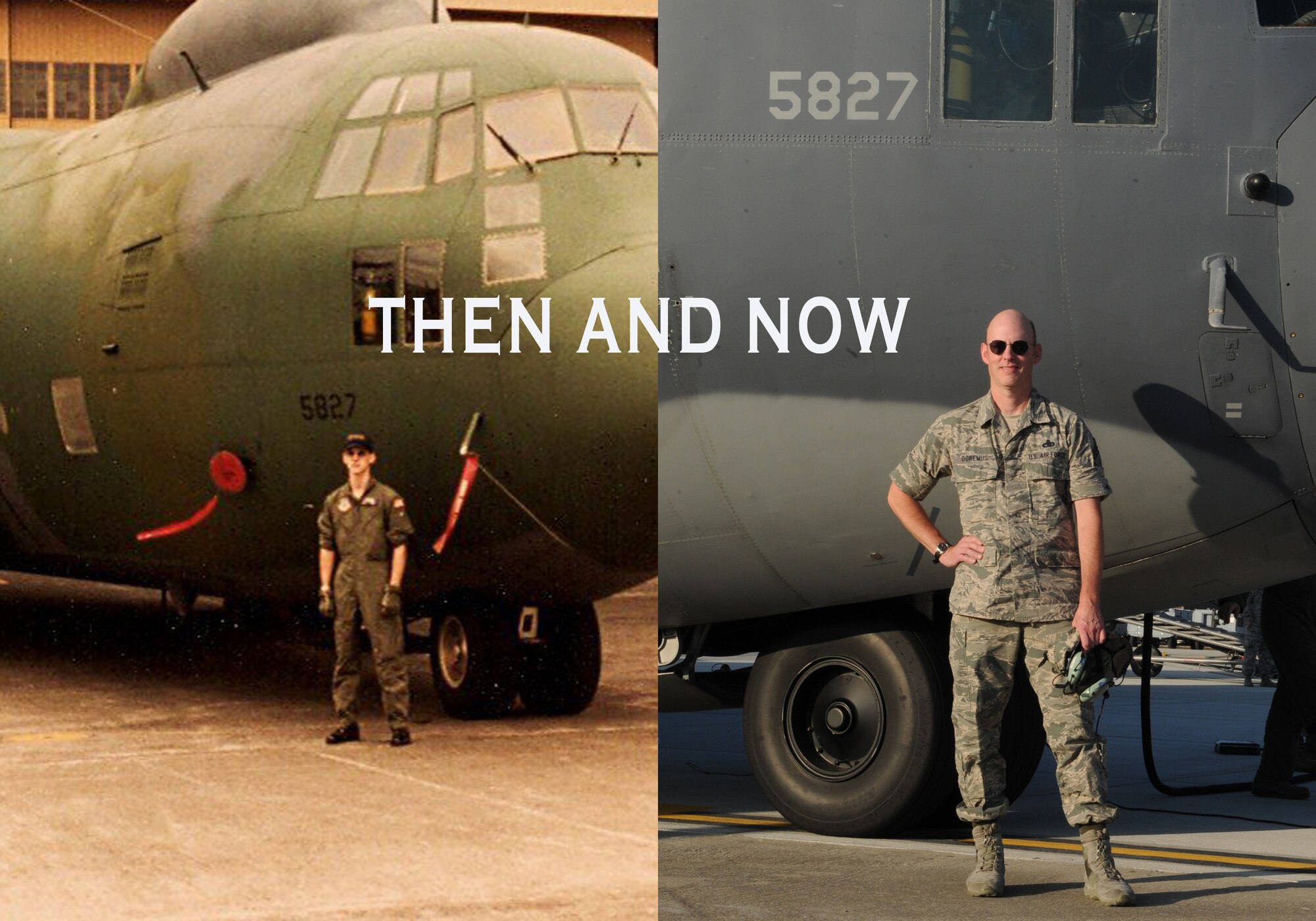 Chief Master Sgt. Scott Doremus, maintenance superintendent of the 1st Special Operations Aircraft Maintenance Squadron, poses by the then HC-130N and now MC-130P in Keflavik, Iceland in 1985 (left) and Hurlburt Field, Fla., present day. Doremus worked on this aircraft throughout his Air Force career for the past 28 years. (U.S Air force photo/Staff Sgt. Eboni Reams)