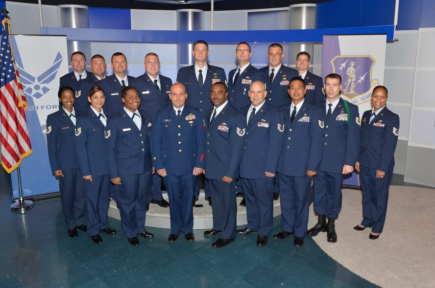 McGHEE TYSON AIR NATIONAL GUARD BASE, Tenn. ?B-flight students attending the Noncommissioned Officer Academy Class 13-7, at the Paul H. Lankford Enlisted Professional Military Education Center, gather in the TEC TV studio for flight photos at The I.G. Brown Training and Education Center here, July 22, 2013. (U.S. Air National Guard photo by Master Sgt. Kurt Skoglund/Released)