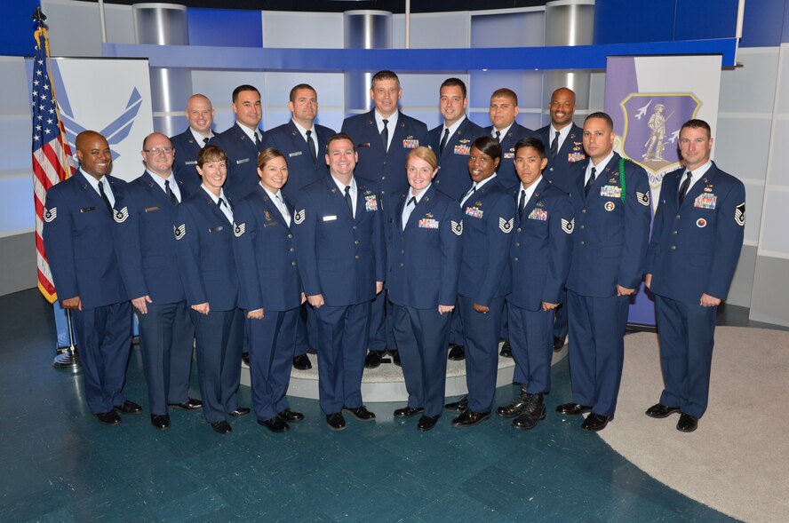 McGHEE TYSON AIR NATIONAL GUARD BASE, Tenn. ?K-flight students attending the Noncommissioned Officer Academy Class 13-7, at the Paul H. Lankford Enlisted Professional Military Education Center, gather in the TEC TV studio for flight photos at The I.G. Brown Training and Education Center here, July 22, 2013. (U.S. Air National Guard photo by Master Sgt. Kurt Skoglund/Released)