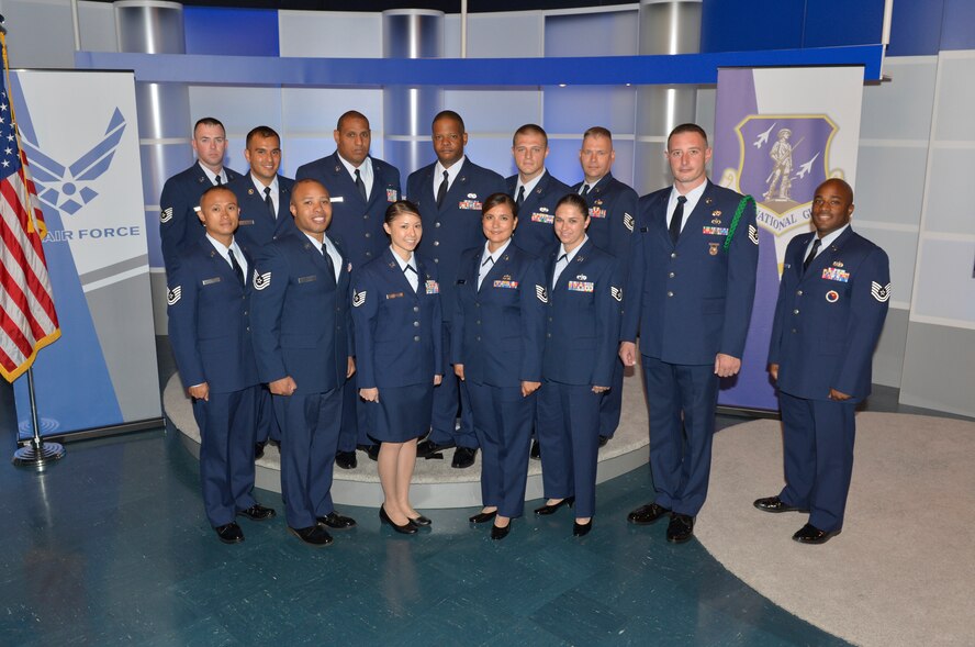 McGHEE TYSON AIR NATIONAL GUARD BASE, Tenn. ?L-flight students attending the Noncommissioned Officer Academy Class 13-7, at the Paul H. Lankford Enlisted Professional Military Education Center, gather in the TEC TV studio for flight photos at The I.G. Brown Training and Education Center here, July 22, 2013. (U.S. Air National Guard photo by Master Sgt. Kurt Skoglund/Released)