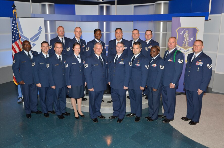 McGHEE TYSON AIR NATIONAL GUARD BASE, Tenn. ?O-flight students attending the Noncommissioned Officer Academy Class 13-7, at the Paul H. Lankford Enlisted Professional Military Education Center, gather in the TEC TV studio for flight photos at The I.G. Brown Training and Education Center here, July 22, 2013. (U.S. Air National Guard photo by Master Sgt. Kurt Skoglund/Released)