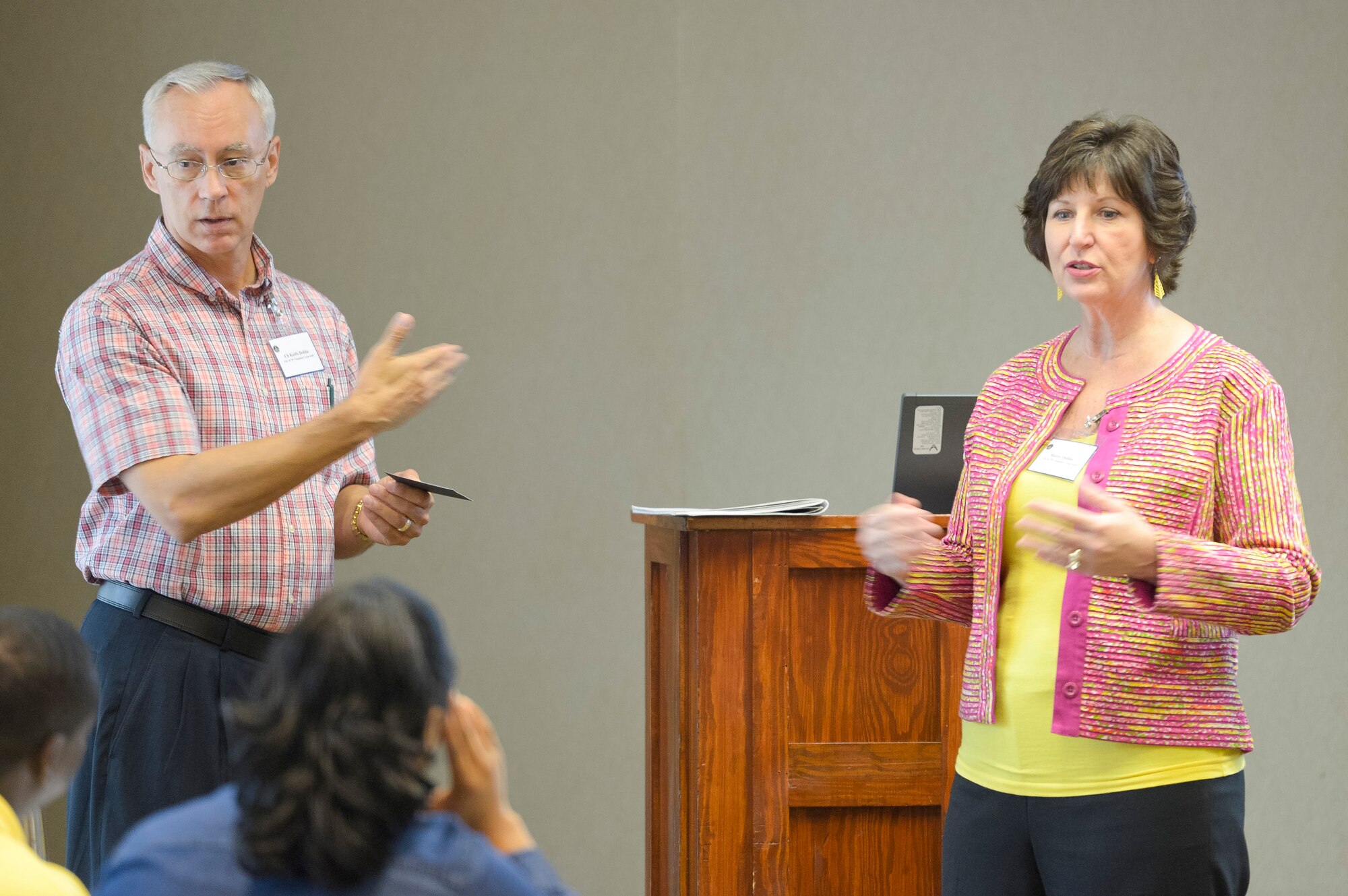 Chaplain (Lt. Col.) Keith Dobbe, senior chaplain for the 116th Air Control Wing (ACW), and his wife Merry teach a speaker listener technique during the Strong Bonds marriage conference at Callaway Gardens, Pine Mountain, Ga., July 27, 2013. The conference is a chaplain led program, developed by the National Guard Bureau, offering three days of intensive training in a retreat like setting designed to help Guardsmen build and maintain a strong family structure.  Twenty nine couples attended the event hosted by the 116th ACW. (U.S. Air National Guard photo by Master Sgt. Roger Parsons/Released)