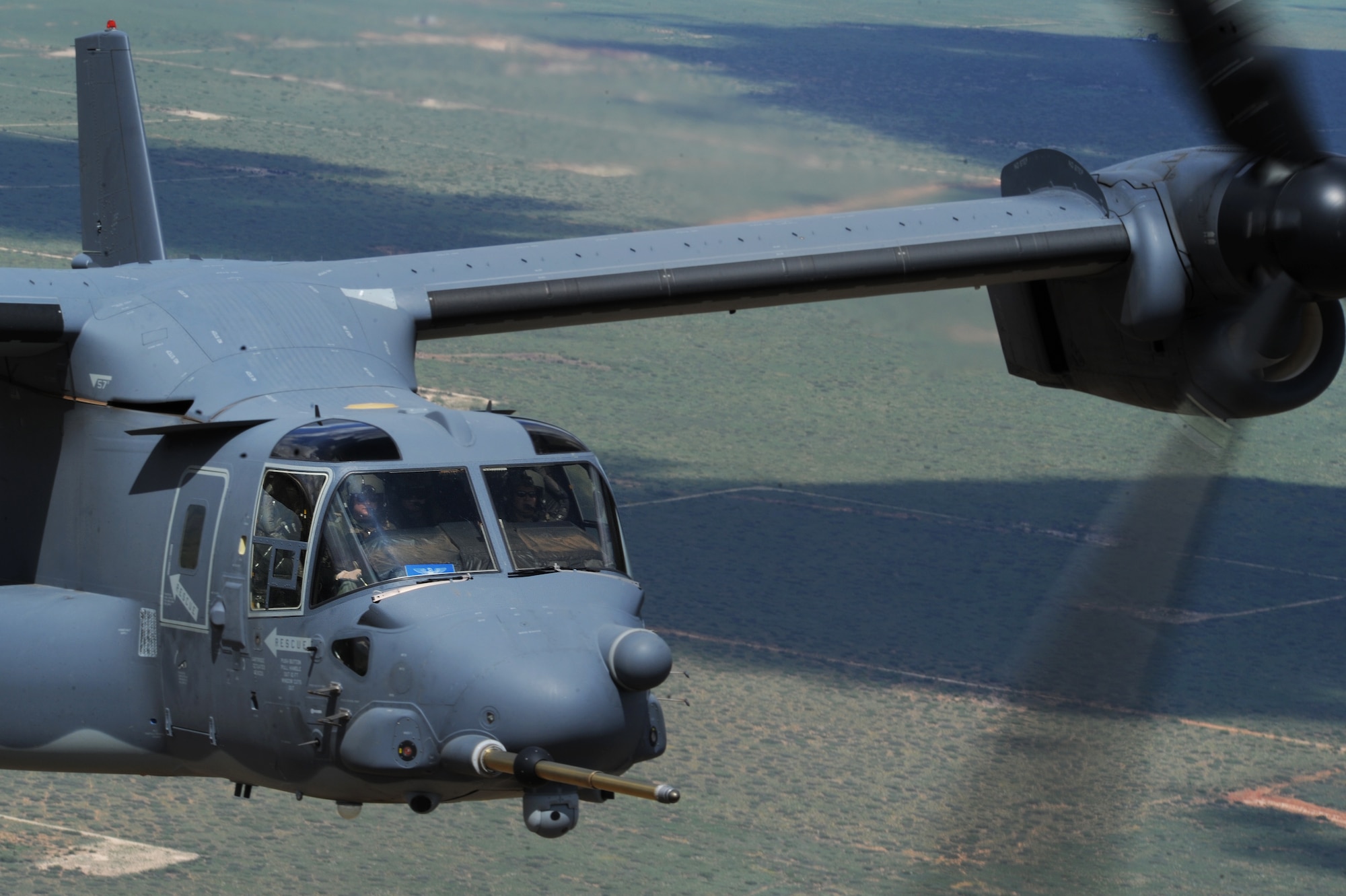 A CV-22 Osprey preforms tactical maneuvers July 22, 2013, over Melrose Air Force Range, N.M. The Osprey flew as part of a training mission for the 522nd Special Operations Squadron. (U.S. Air Force photo/Senior Airman Ericka Engblom)