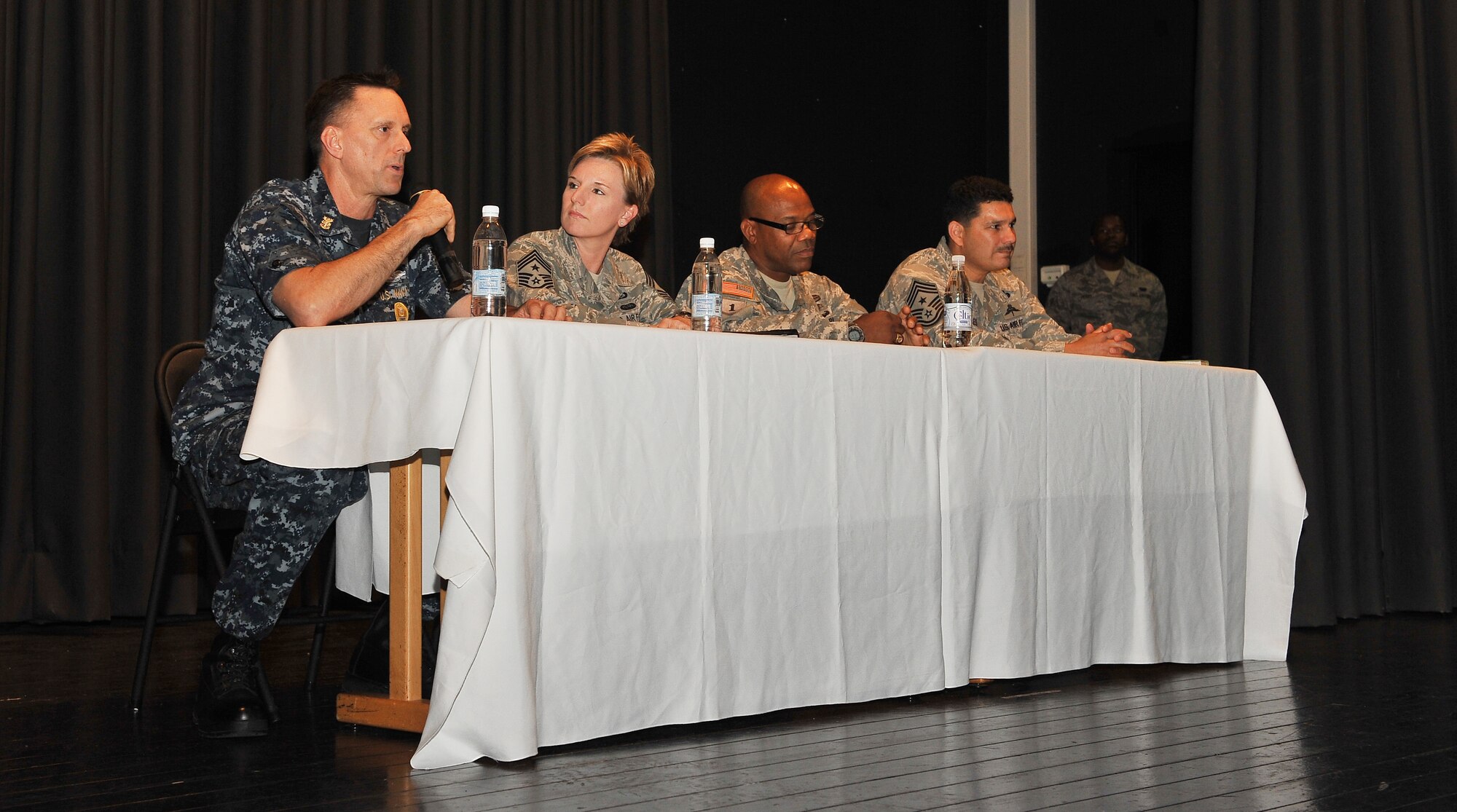 Air Force, Navy and Army NCOs answer questions during the Joint Professional Development Seminar at the Hercules Theater, July 18, 2013, Ramstein Air Base, Germany. The seminar was conducted to encourage service members to continue to stay committed to their respective branches of service. (U.S. Air Force photo/Airman Dymekre Allen)