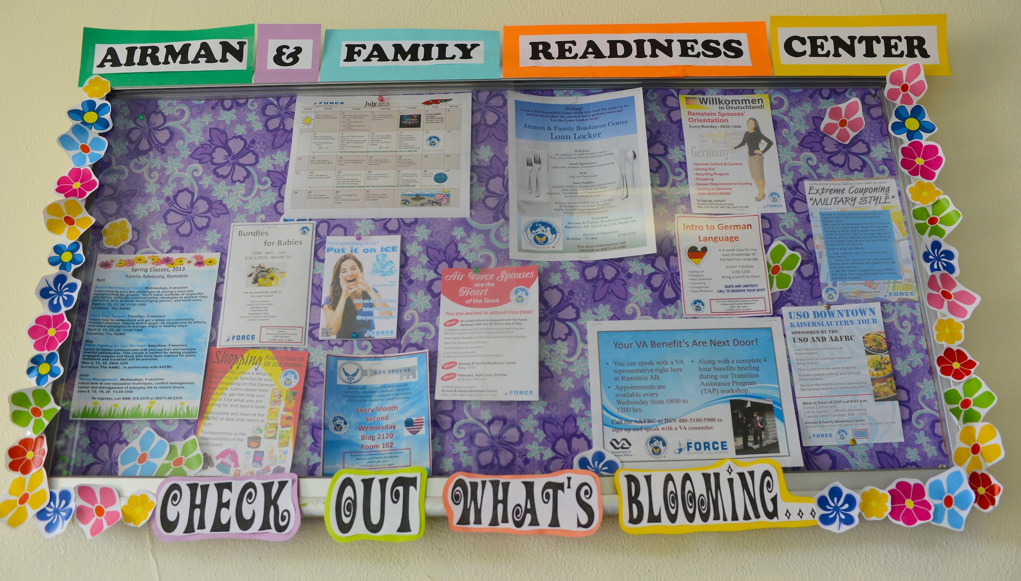 A hallway display at the Airman and Family Readiness Center, July 19, 2013, Ramstein Air Base, Germany. The A&FRC provide activities and services for KMC members to advance and adapt to the military way of life. (U.S. Air Force photo/Senior Airman Caitlin Guinazu)