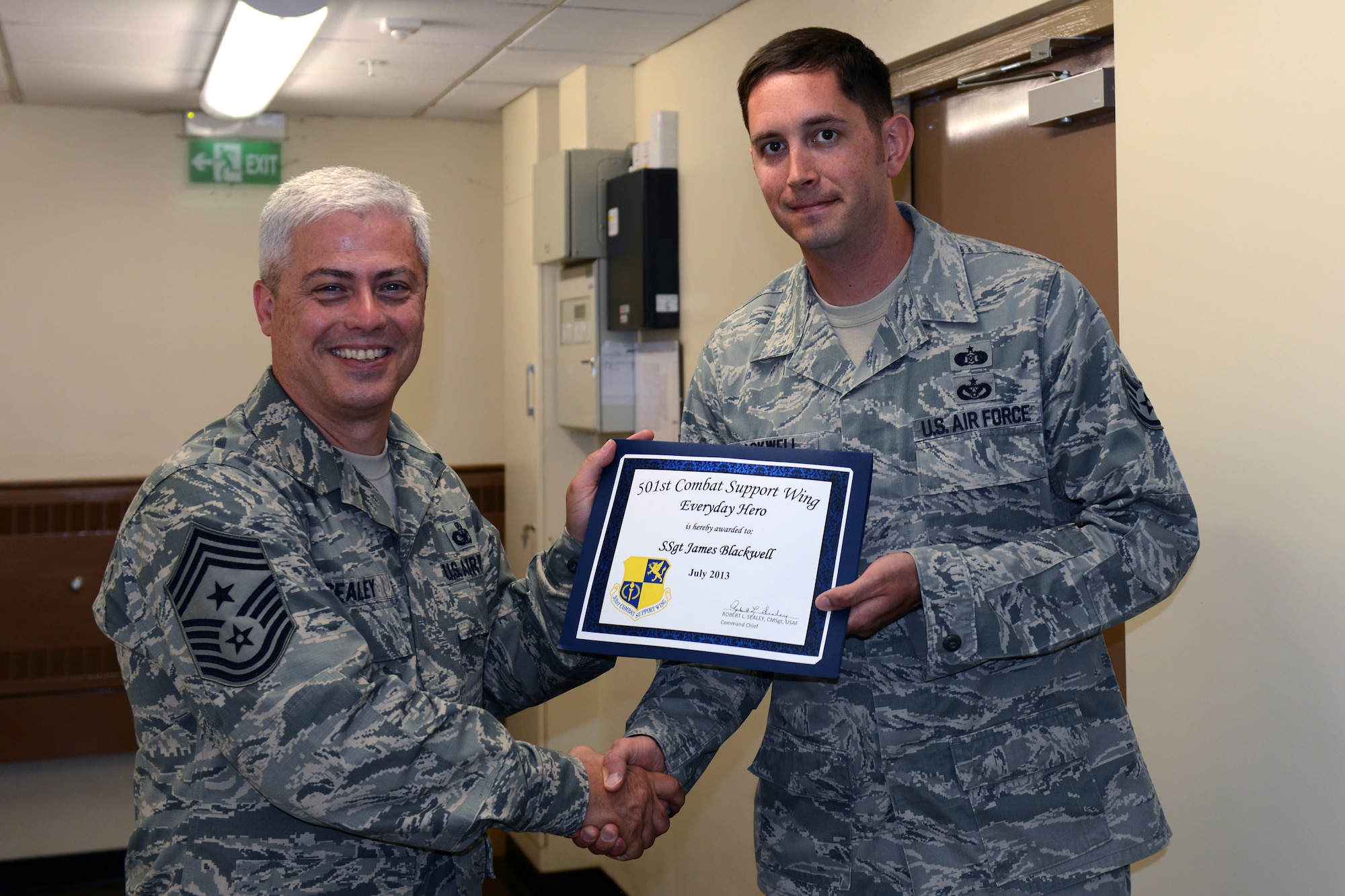RAF ALCONBURY, United Kingdom – Staff Sgt. James Blackwell, 501st Combat Support Wing Emergency Management, was named July’s 501st CSW Everyday Hero from the 501st CSW staff. (U.S. Air Force photo by Tech. Sgt. Chrissy Best)