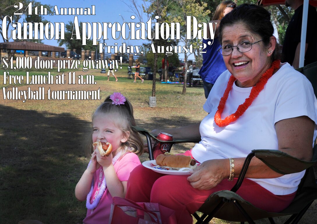 All active duty military members, retirees, civilians and dependents are encouraged to attend Cannon Appreciation Day August 2. Hosted by the Curry County Chamber of Commerce, Committee of Fifty, Military Affairs Committee and the Clovis Industrial Development Corporation, the event has celebrated thousands of Cannon Airmen over the past 24 years. A barbeque with free food and beverages will be served from 11 a.m. until 3 p.m. with more than $4,000 worth of prizes that will be raffled off to Air Commandos throughout the festivities. (U.S. Air Force photo illustration/ Staff Sgt. Matthew Plew)