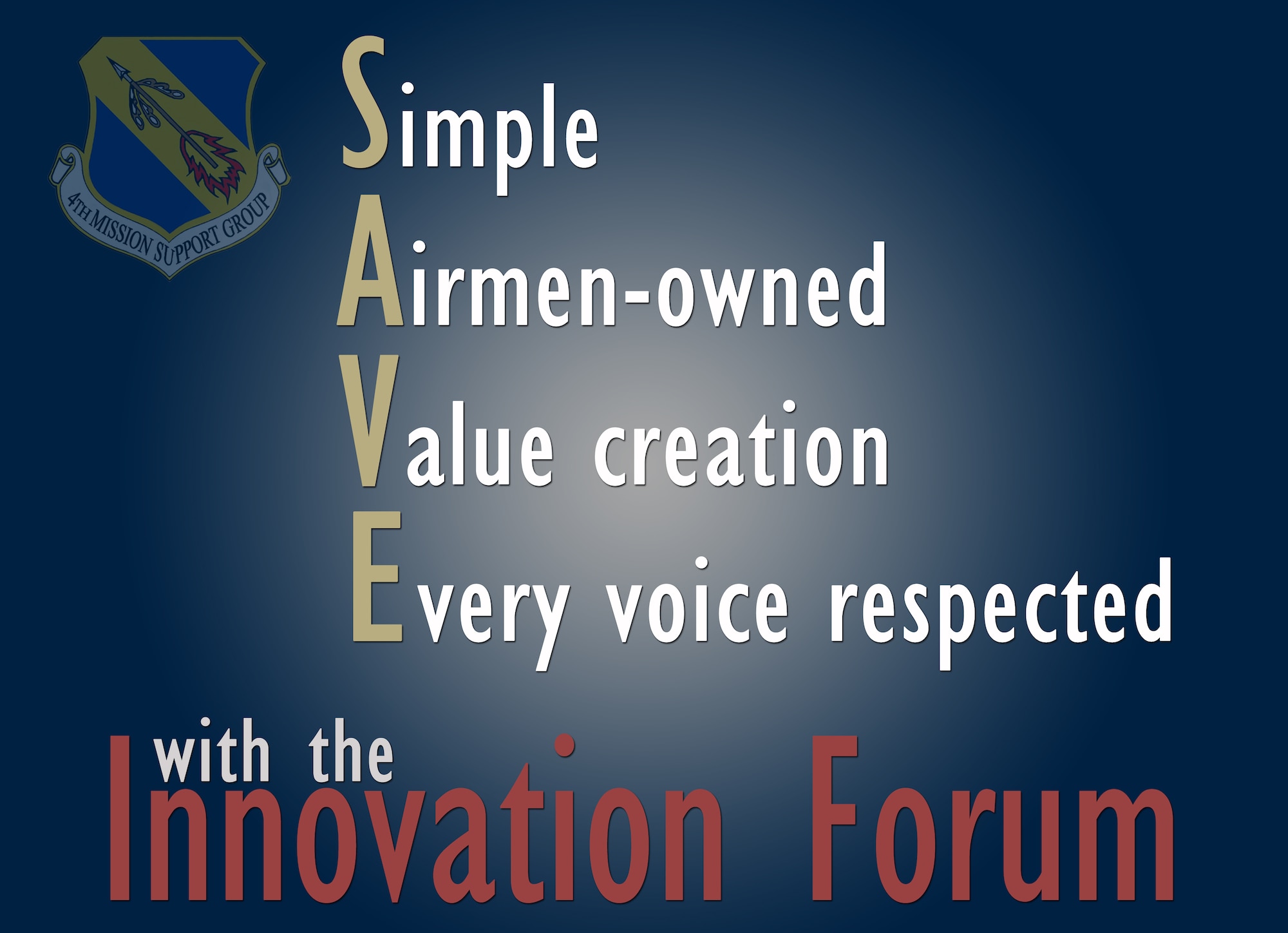 The Innovation Forum serves as a medium for Airmen of the 4th MSG to present their ideas for saving time and money. The forum's motto is S.A.V.E., which stands for “Simple, Airmen-owned, Value creation, and Every voice respected."