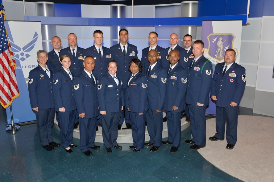 McGHEE TYSON AIR NATIONAL GUARD BASE, Tenn. ?C-flight students attending the Noncommissioned Officer Academy Class 13-7, at the Paul H. Lankford Enlisted Professional Military Education Center, gather in the TEC TV studio for flight photos at The I.G. Brown Training and Education Center here, July 22, 2013. (U.S. Air National Guard photo by Master Sgt. Kurt Skoglund/Released)