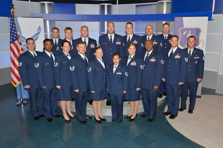 McGHEE TYSON AIR NATIONAL GUARD BASE, Tenn. ?E-flight students attending the Noncommissioned Officer Academy Class 13-7, at the Paul H. Lankford Enlisted Professional Military Education Center, gather in the TEC TV studio for flight photos at The I.G. Brown Training and Education Center here, July 22, 2013. (U.S. Air National Guard photo by Master Sgt. Kurt Skoglund/Released)